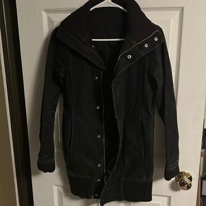 Stussy Vintage blackon black Denim one of a kind long jacket, zipper and 9 snap